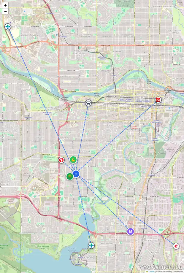 Daily accessibility map for 2027 40 AV SW, Calgary showing nearby schools, grocery stores, parks, LRT stations and nearby amenities