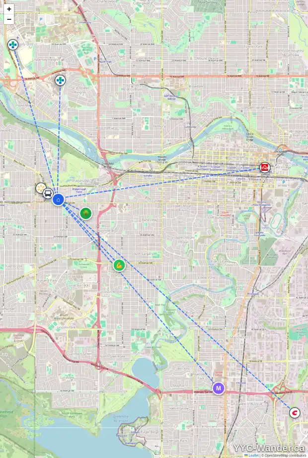 Daily accessibility map for 1721 31 ST SW, Calgary showing nearby schools, grocery stores, parks, LRT stations and nearby amenities