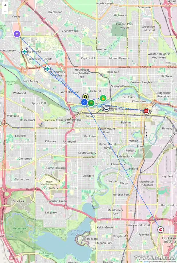 Daily accessibility map for 1926 BROADVIEW RD NW, Calgary showing nearby schools, grocery stores, parks, LRT stations and nearby amenities