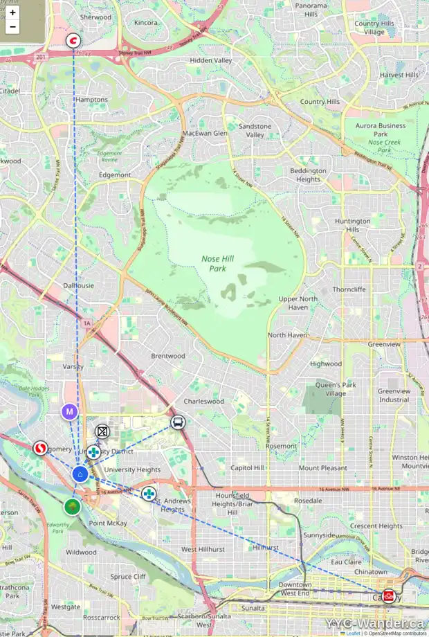 Daily accessibility map for 2025 43 ST NW, Calgary showing nearby schools, grocery stores, parks, LRT stations and nearby amenities