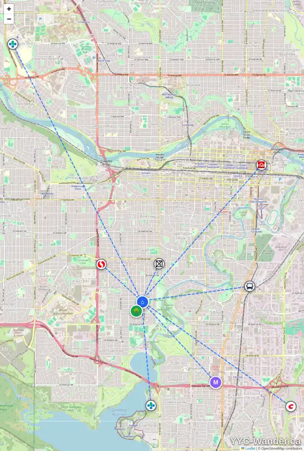 Daily accessibility map for 1721 44 AV SW, Calgary showing nearby schools, grocery stores, parks, LRT stations and nearby amenities