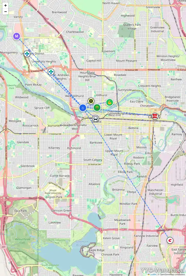 Daily accessibility map for 2125 BROADVIEW RD NW, Calgary showing nearby schools, grocery stores, parks, LRT stations and nearby amenities