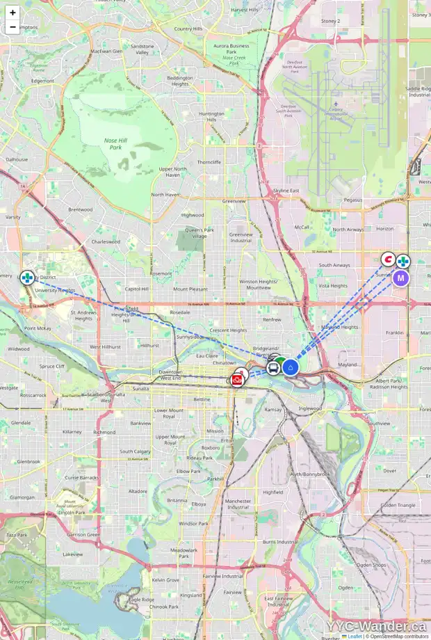 Daily accessibility map for 100 NINA GD NE, Calgary showing nearby schools, grocery stores, parks, LRT stations and nearby amenities