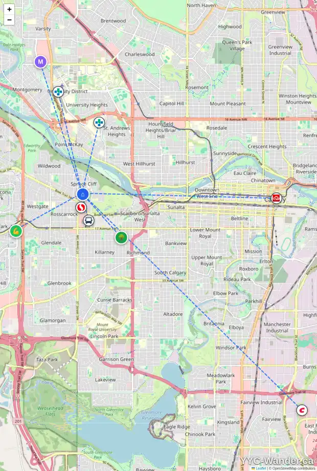 Daily accessibility map for 612 36 ST SW, Calgary showing nearby schools, grocery stores, parks, LRT stations and nearby amenities