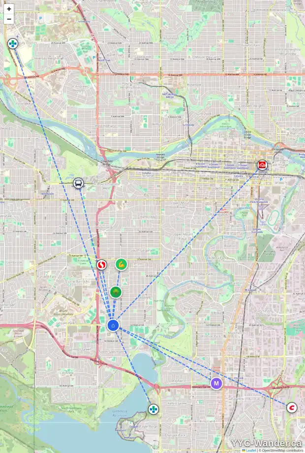 Daily accessibility map for 5027 21 ST SW, Calgary showing nearby schools, grocery stores, parks, LRT stations and nearby amenities