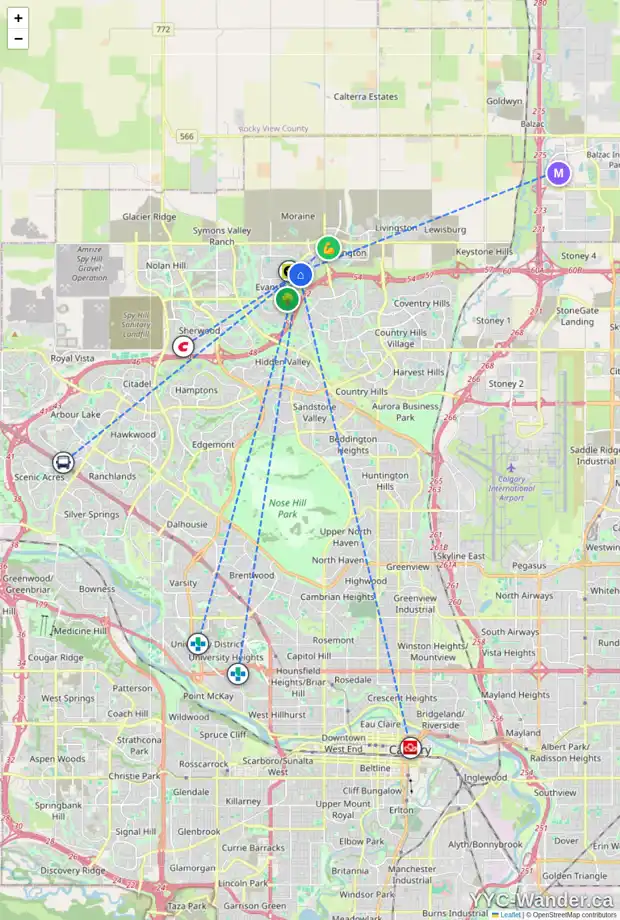 Daily accessibility map for 135 EVANSDALE CM NW, Calgary showing nearby schools, grocery stores, parks, LRT stations and nearby amenities
