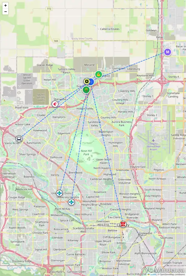 Daily accessibility map for 132 EVANSDALE CM NW, Calgary showing nearby schools, grocery stores, parks, LRT stations and nearby amenities