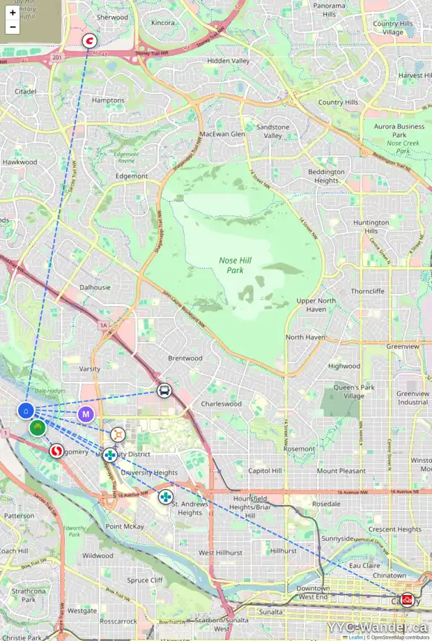 Daily accessibility map for 6144 BOWWOOD DR NW, Calgary showing nearby schools, grocery stores, parks, LRT stations and nearby amenities