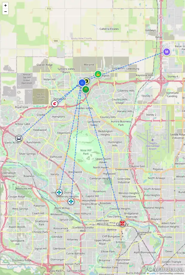 Daily accessibility map for 352 EVANSPARK GD NW, Calgary showing nearby schools, grocery stores, parks, LRT stations and nearby amenities