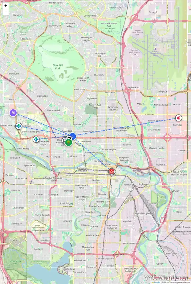 Daily accessibility map for 1536 17 AV NW, Calgary showing nearby schools, grocery stores, parks, LRT stations and nearby amenities
