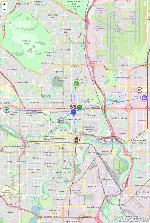 Daily accessibility map for 1414 CENTRE A ST NE, Calgary showing nearby schools, grocery stores, parks, LRT stations and nearby amenities