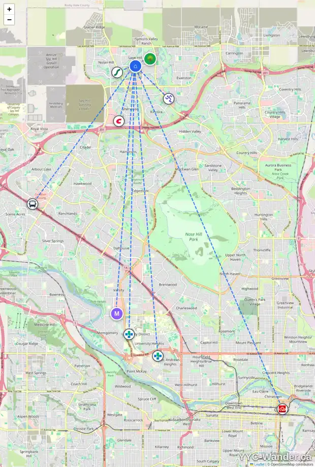 Daily accessibility map for 28 SAGE HILL CM NW, Calgary showing nearby schools, grocery stores, parks, LRT stations and nearby amenities