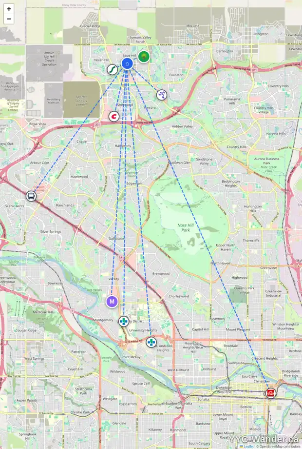 Daily accessibility map for 66 SAGE HILL CM NW, Calgary showing nearby schools, grocery stores, parks, LRT stations and nearby amenities