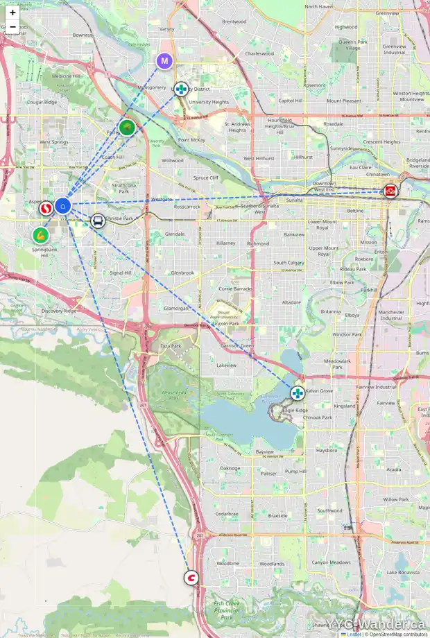 Daily accessibility map for 26 ASPEN DALE GA SW, Calgary showing nearby schools, grocery stores, parks, LRT stations and nearby amenities