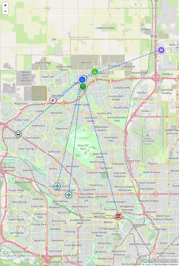 Daily accessibility map for 54 EVANSPARK MR NW, Calgary showing nearby schools, grocery stores, parks, LRT stations and nearby amenities