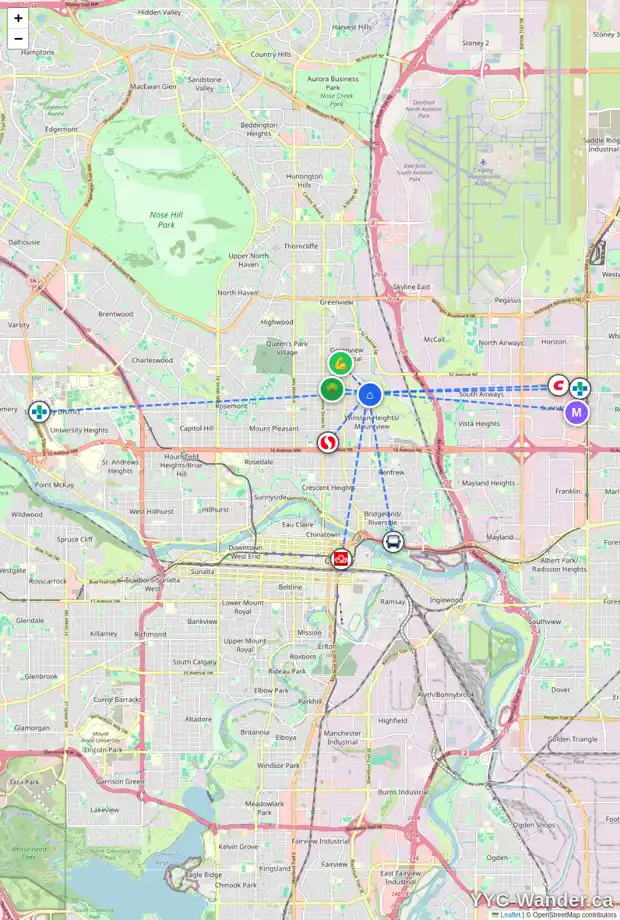 Daily accessibility map for 628 30 AV NE, Calgary showing nearby schools, grocery stores, parks, LRT stations and nearby amenities