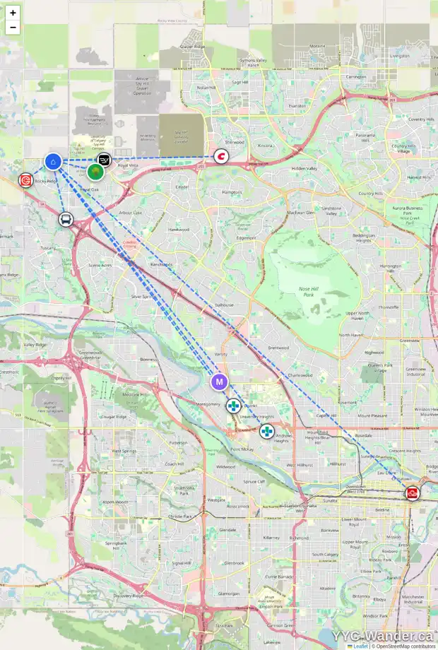 Daily accessibility map for 20 ROCKCLIFF GV NW, Calgary showing nearby schools, grocery stores, parks, LRT stations and nearby amenities