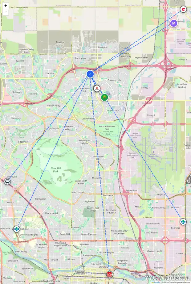 Daily accessibility map for 153 PANATELLA PR NW, Calgary showing nearby schools, grocery stores, parks, LRT stations and nearby amenities
