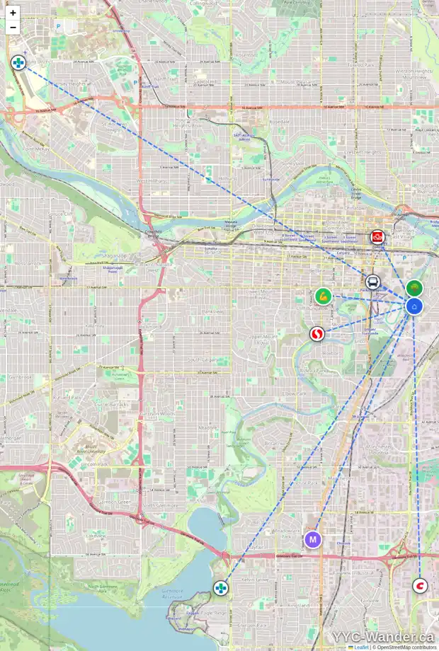 Daily accessibility map for 2112 6 ST SE, Calgary showing nearby schools, grocery stores, parks, LRT stations and nearby amenities