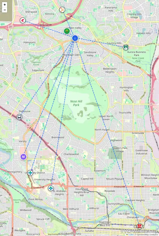 Daily accessibility map for 125 HIDDEN CV NW, Calgary showing nearby schools, grocery stores, parks, LRT stations and nearby amenities