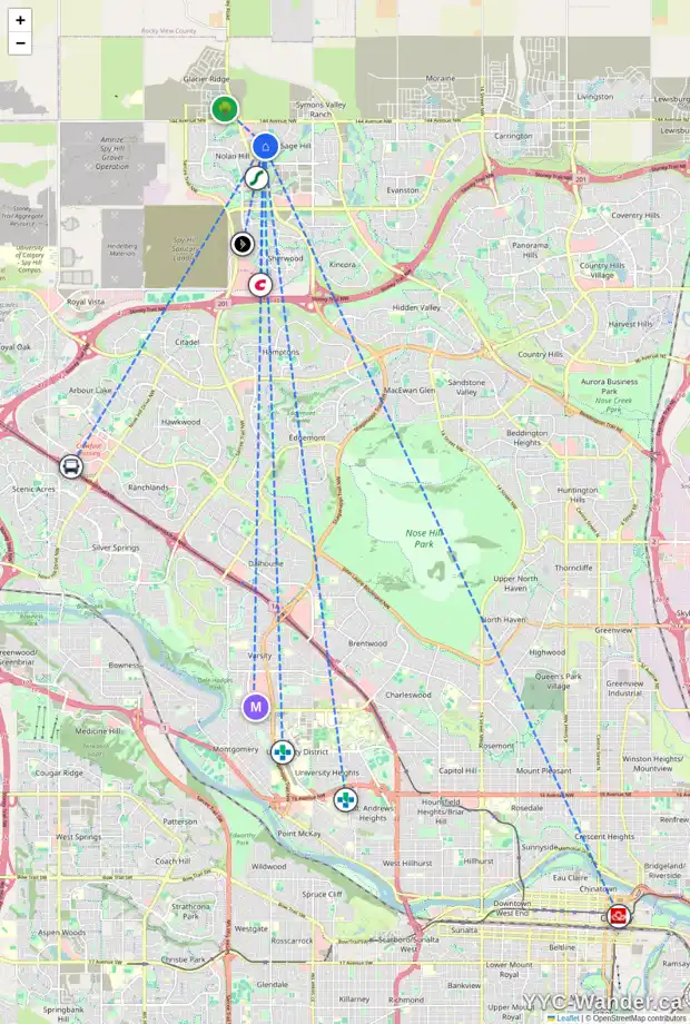 Daily accessibility map for 153 SAGE VALLEY RD NW, Calgary showing nearby schools, grocery stores, parks, LRT stations and nearby amenities