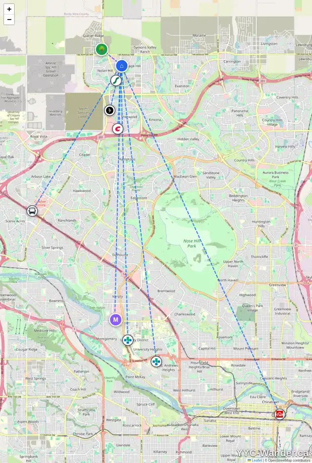 Daily accessibility map for 166 SAGE VALLEY RD NW, Calgary showing nearby schools, grocery stores, parks, LRT stations and nearby amenities