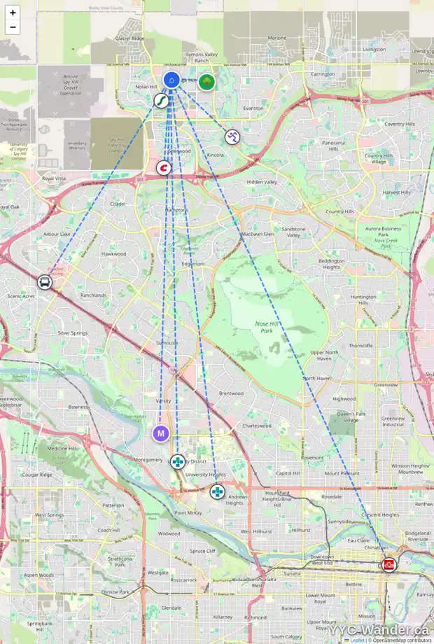 Daily accessibility map for 254 SAGE VALLEY DR NW, Calgary showing nearby schools, grocery stores, parks, LRT stations and nearby amenities