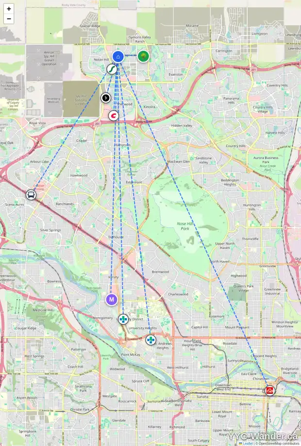 Daily accessibility map for 105 SAGE BANK CR NW, Calgary showing nearby schools, grocery stores, parks, LRT stations and nearby amenities