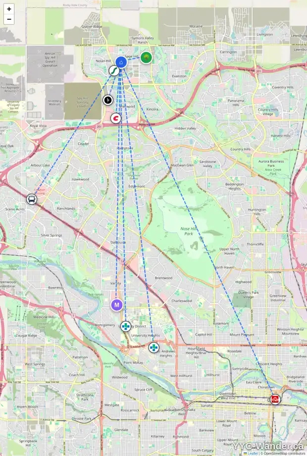 Daily accessibility map for 55 SAGE BANK PL NW, Calgary showing nearby schools, grocery stores, parks, LRT stations and nearby amenities