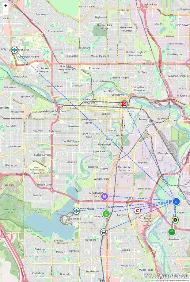 Daily accessibility map for 6639 19 ST SE, Calgary showing nearby schools, grocery stores, parks, LRT stations and nearby amenities