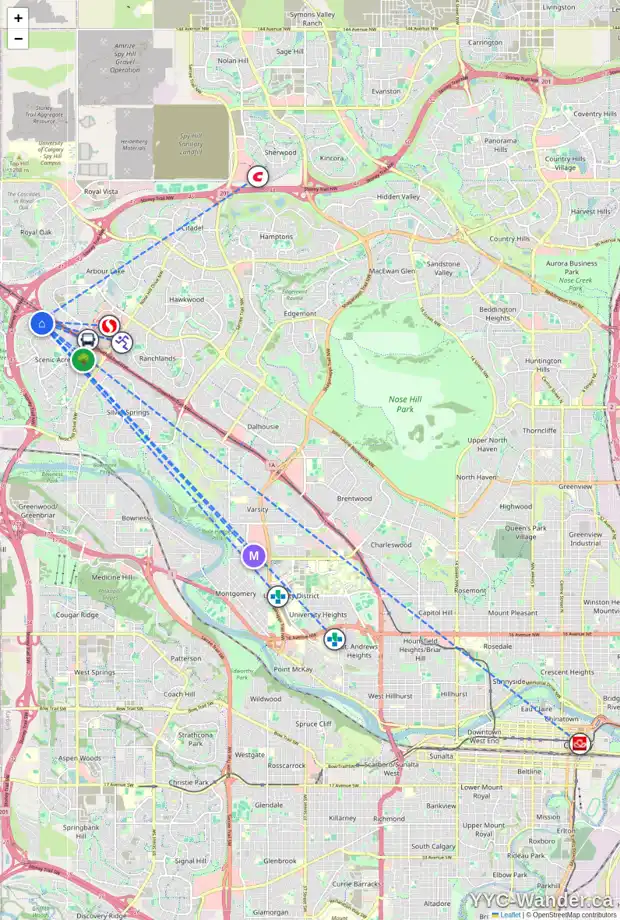 Daily accessibility map for 181 SCENIC VIEW CL NW, Calgary showing nearby schools, grocery stores, parks, LRT stations and nearby amenities