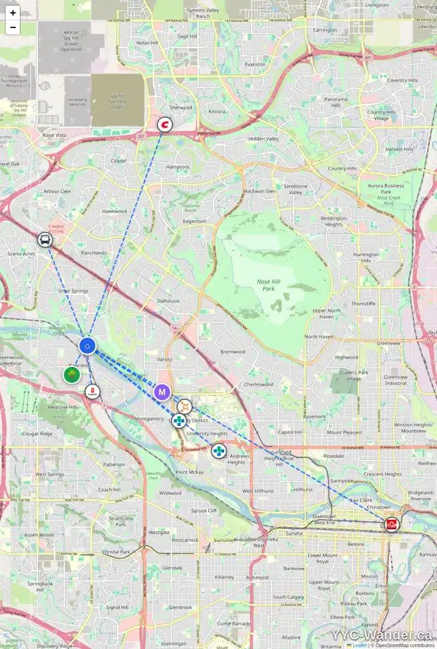 Daily accessibility map for 7112 BOW CR NW, Calgary showing nearby schools, grocery stores, parks, LRT stations and nearby amenities
