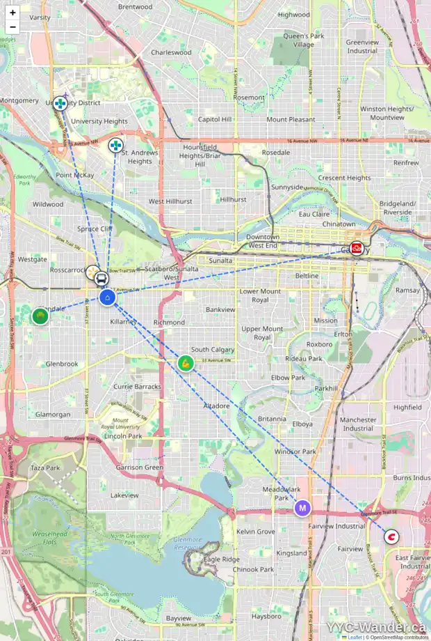 Daily accessibility map for 1 1938 33 ST SW, Calgary showing nearby schools, grocery stores, parks, LRT stations and nearby amenities