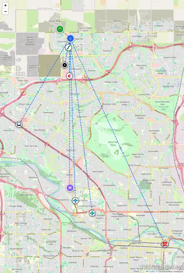Daily accessibility map for 296 SAGE VALLEY DR NW, Calgary showing nearby schools, grocery stores, parks, LRT stations and nearby amenities