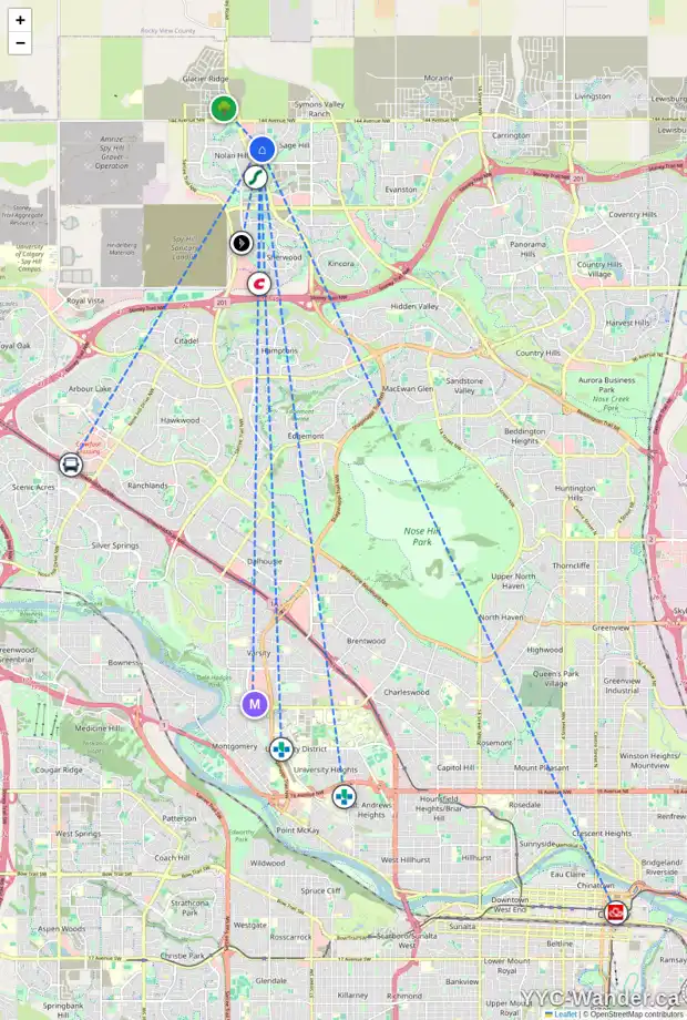 Daily accessibility map for 40 SAGE BANK RD NW, Calgary showing nearby schools, grocery stores, parks, LRT stations and nearby amenities