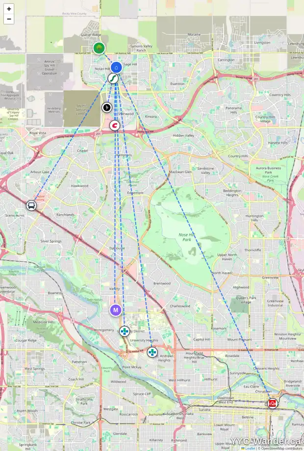 Daily accessibility map for 64 SAGE BANK RD NW, Calgary showing nearby schools, grocery stores, parks, LRT stations and nearby amenities