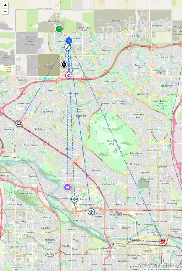 Daily accessibility map for 17 SAGE BANK GV NW, Calgary showing nearby schools, grocery stores, parks, LRT stations and nearby amenities