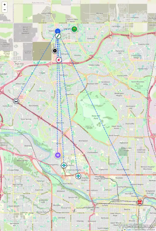Daily accessibility map for 102 SAGE BANK GV NW, Calgary showing nearby schools, grocery stores, parks, LRT stations and nearby amenities