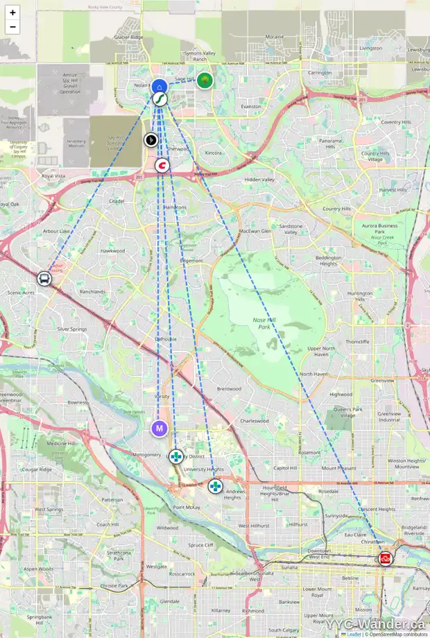 Daily accessibility map for 110 SAGE BANK GV NW, Calgary showing nearby schools, grocery stores, parks, LRT stations and nearby amenities
