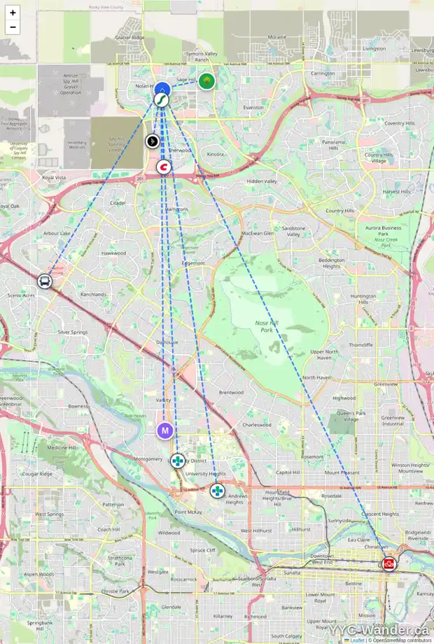 Daily accessibility map for 146 SAGE BANK GV NW, Calgary showing nearby schools, grocery stores, parks, LRT stations and nearby amenities