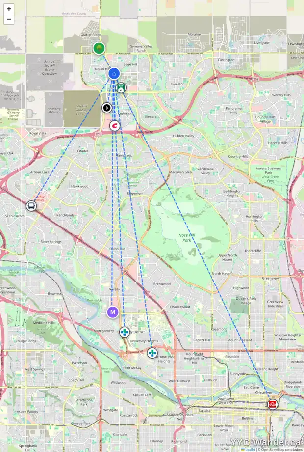 Daily accessibility map for 174 SAGE BANK GV NW, Calgary showing nearby schools, grocery stores, parks, LRT stations and nearby amenities