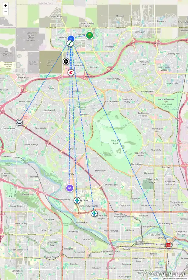 Daily accessibility map for 151 SAGE BANK GV NW, Calgary showing nearby schools, grocery stores, parks, LRT stations and nearby amenities