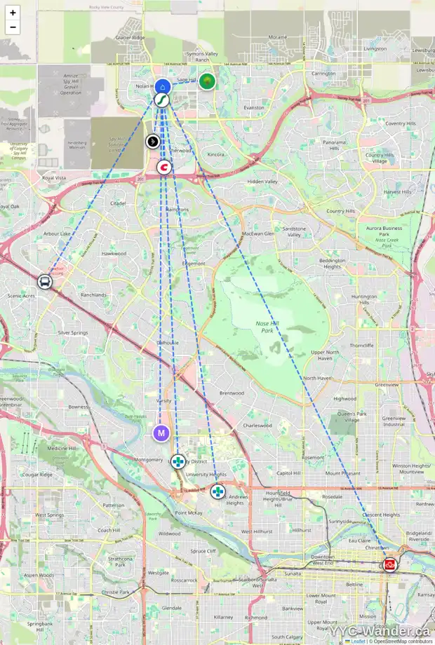 Daily accessibility map for 56 SAGE BANK LI NW, Calgary showing nearby schools, grocery stores, parks, LRT stations and nearby amenities