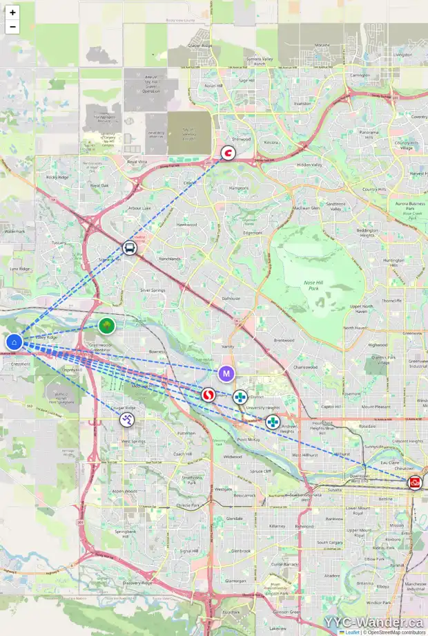 Daily accessibility map for 12114 VALLEY RIDGE DR NW, Calgary showing nearby schools, grocery stores, parks, LRT stations and nearby amenities