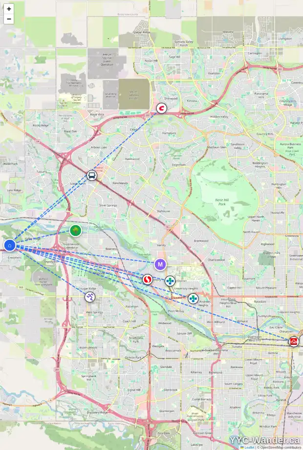 Daily accessibility map for 46 VALLEY POINTE WY NW, Calgary showing nearby schools, grocery stores, parks, LRT stations and nearby amenities
