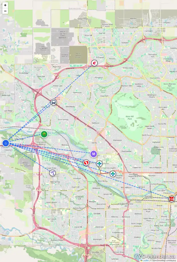 Daily accessibility map for 62 VALLEY POINTE WY NW, Calgary showing nearby schools, grocery stores, parks, LRT stations and nearby amenities
