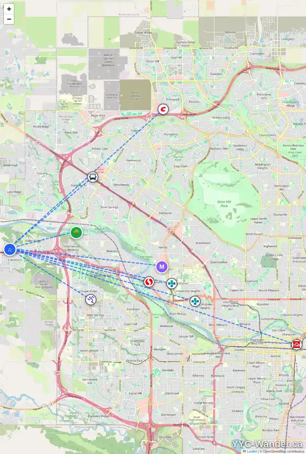 Daily accessibility map for 86 VALLEY POINTE WY NW, Calgary showing nearby schools, grocery stores, parks, LRT stations and nearby amenities