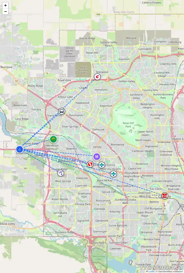 Daily accessibility map for 239 VALLEY POINTE PL NW, Calgary showing nearby schools, grocery stores, parks, LRT stations and nearby amenities