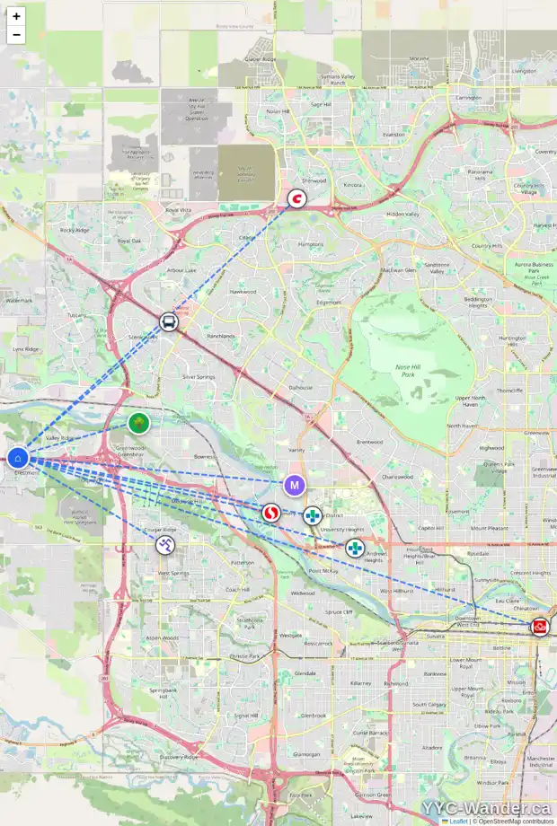 Daily accessibility map for 247 VALLEY POINTE PL NW, Calgary showing nearby schools, grocery stores, parks, LRT stations and nearby amenities