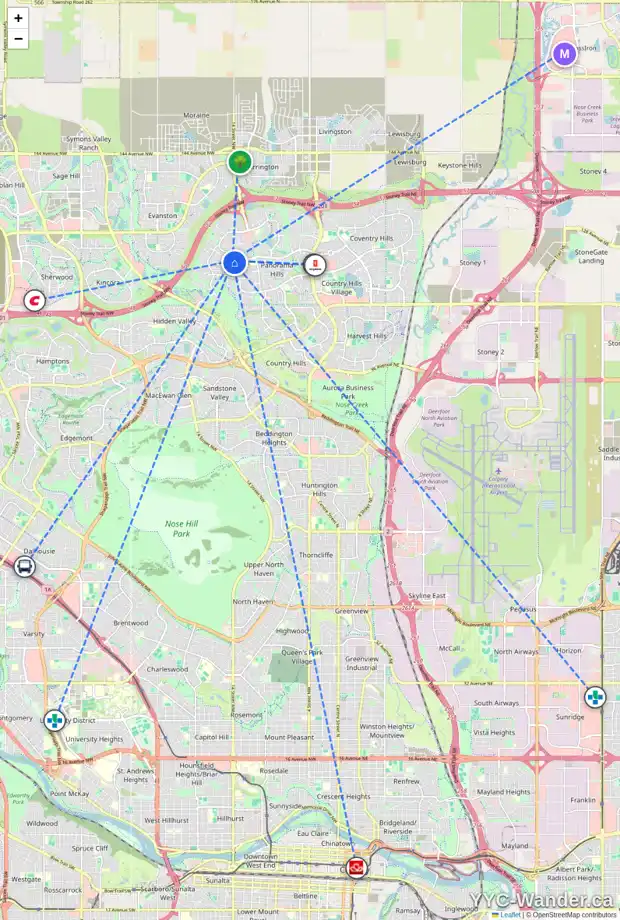 Daily accessibility map for 20 PANTEGO LN NW, Calgary showing nearby schools, grocery stores, parks, LRT stations and nearby amenities